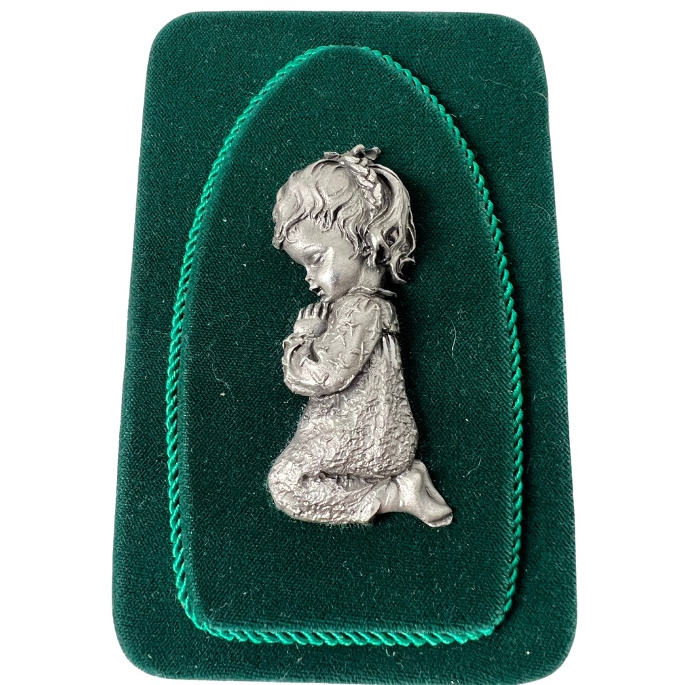 60s Vintage Praying Girl Italian Pewter Green Velvet Standing/Wall Collectible